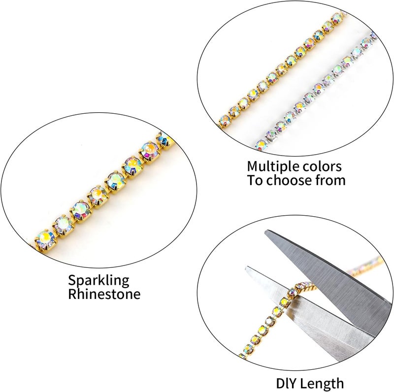 Rytenz 10 Yards 2 MM Rhinestone Chain Trim Crystal Close Chain Trim Shiny Rhinestone Chain for Sewing Crafts, DIY Decoration, Jewelry, Clothing, Shoes (AB-Gold, 2MM) - Image 3
